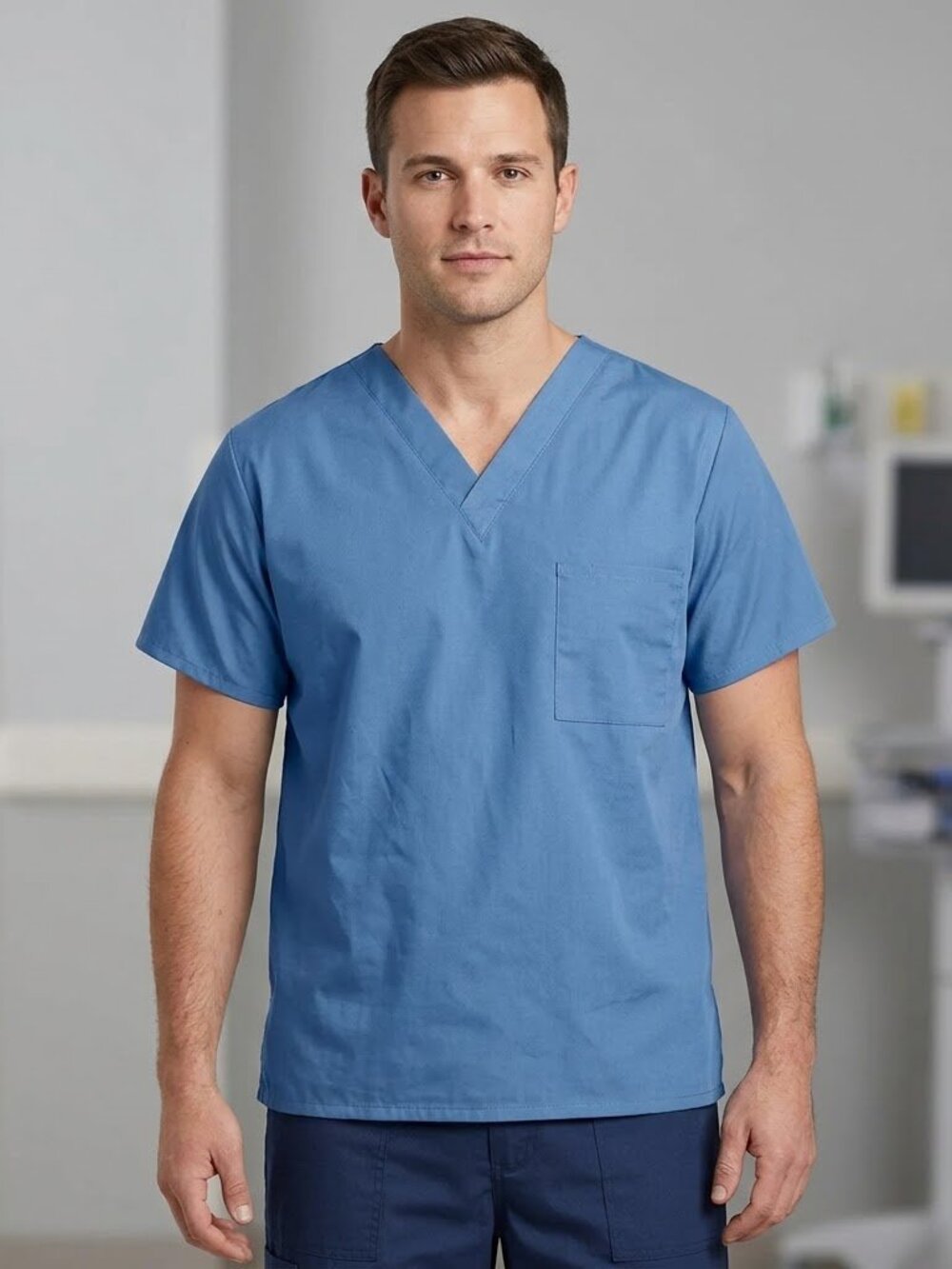 NEW Crest Short Sleeve V-Neck Solid Pullover Unisex Mens Ladies Pocket Scrub Top